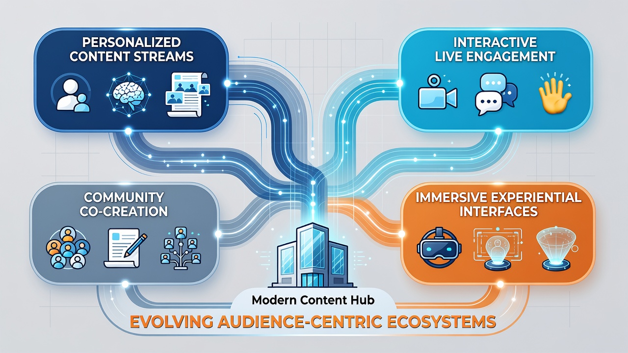Diagram depicting data flows and community moderation layers within contemporary content hub architectures